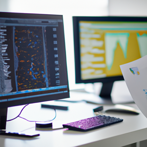 A busy desk with dual monitors displaying graphs and coding software