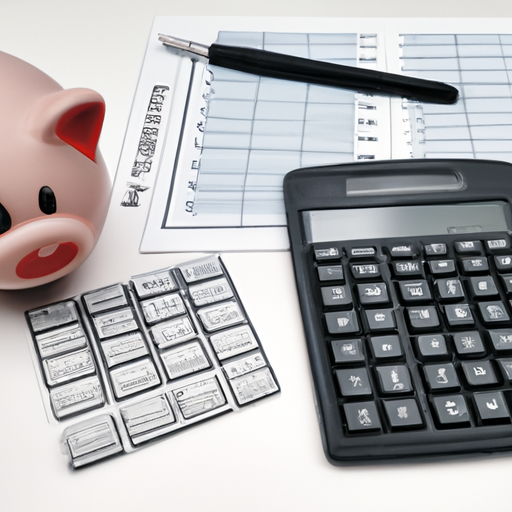 A calculator and a list of pc components with their prices next to a piggy bank to represent budgeting