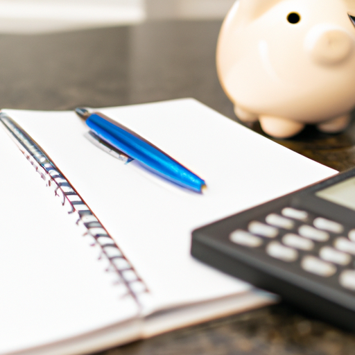 A calculator notepad and pen laid out next to a piggy bank with a macbook in the background