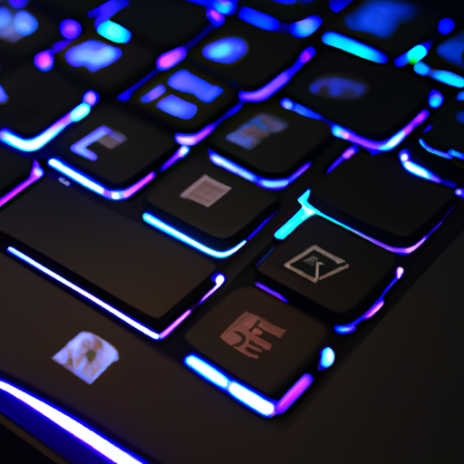 A close-up of the asus tuf a16 gaming laptop keyboard with rgb lighting on