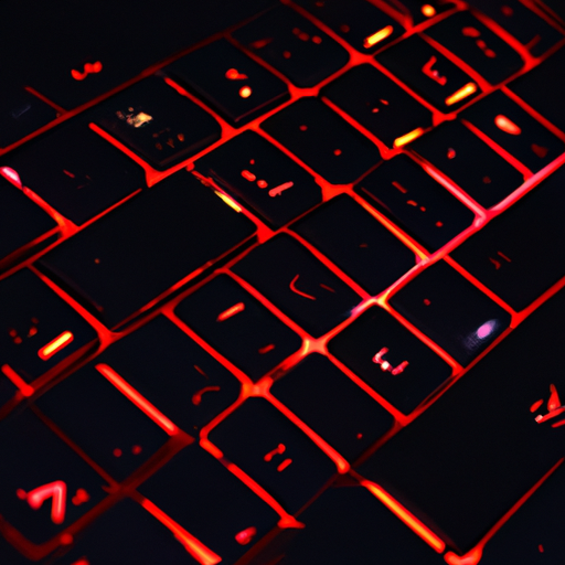 A close-up of the keyboard with the red backlight glowing against a dark backdrop highlighting the gaming aesthetic