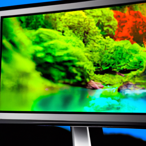 A close-up of the monitor screen displaying a vibrant and colorful nature landscape