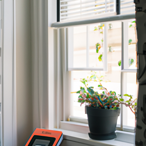 A cozy reading nook by a window with the verse pro e-reader on the windowsill and a plant nearby implying long battery life