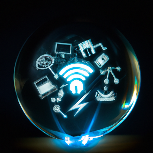 A crystal ball glowing with tech icons like thunderbolt wifi-6 and usb-c encircling it