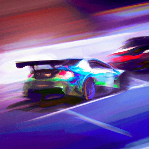 A dynamic digital illustration of a high-speed car race from a video game showcasing vibrant graphics
