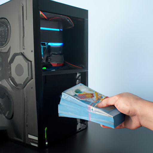 A hand placing stacks of banknotes next to the skytech shiva gaming pc to represent cost