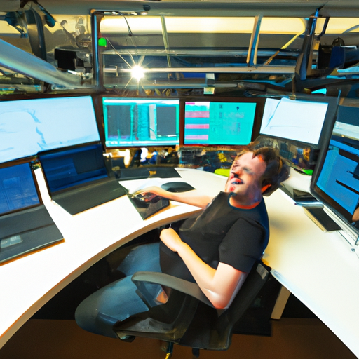 A joyful user working seamlessly across multiple monitors connected to a linux laptop in an ergonomic workspace