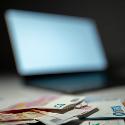 A pile of currency fading into a blurred laptop in the background depicting the high cost of the device