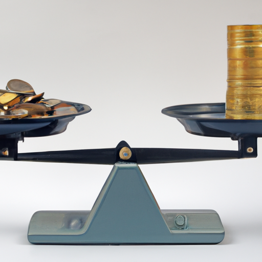 A scale balancing a stack of coins on one side and a stylized miniature computer on the other