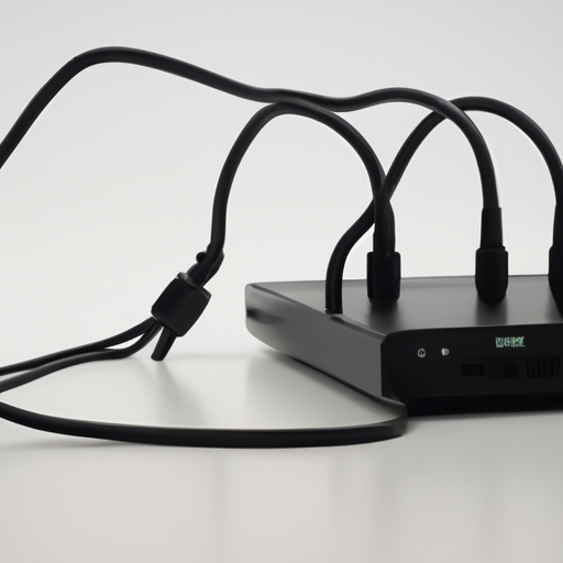 A sleek black docking station with multiple cables connected