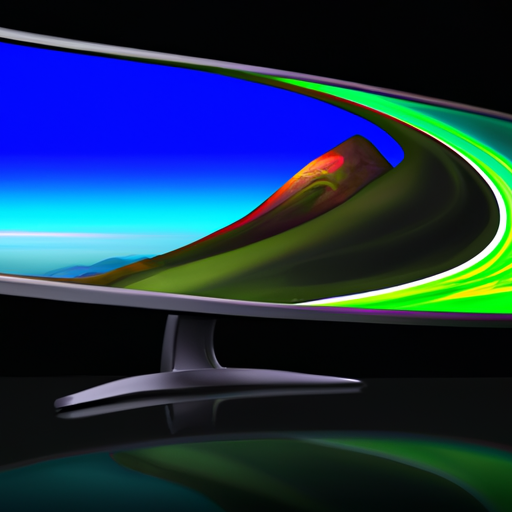 A sleek curved monitor displaying vibrant colors and a high-definition video game landscape
