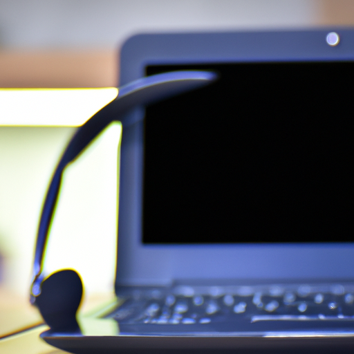 A soft-focus image of the laptop with a blurred background suggesting a customer support scenario