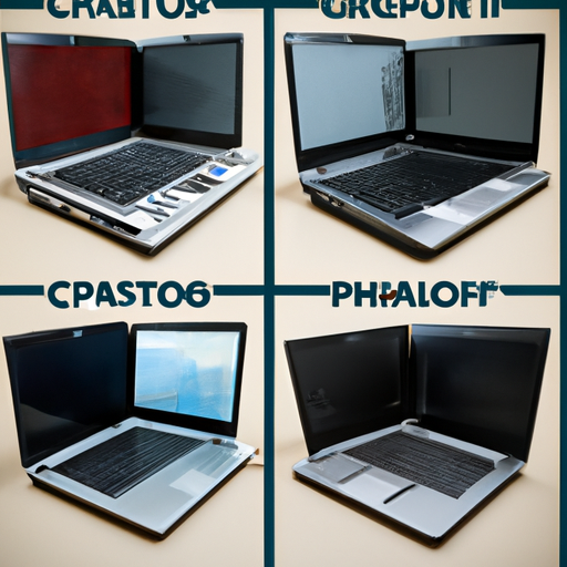 A split image showing a variety of laptops labeled for different use cases like work gaming and programming