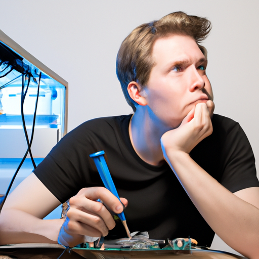 A thoughtful portrait of a person holding a screwdriver and looking contemplatively at a finished pc build