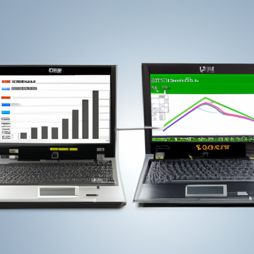 A visual comparison of an arm-based laptop and an x86_64 laptop with linux logos and performance graphs in the backdrop
