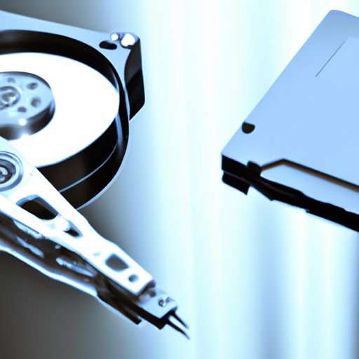 An abstract representation of data transfer with a solid-state drive and a hard disk drive in the background