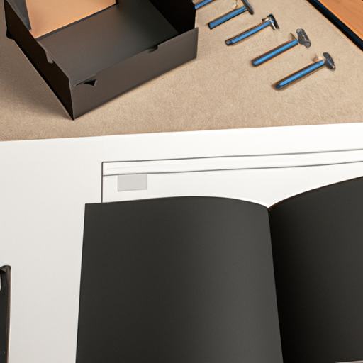 An image of the unassembled desk parts all laid out with the instruction manual in view