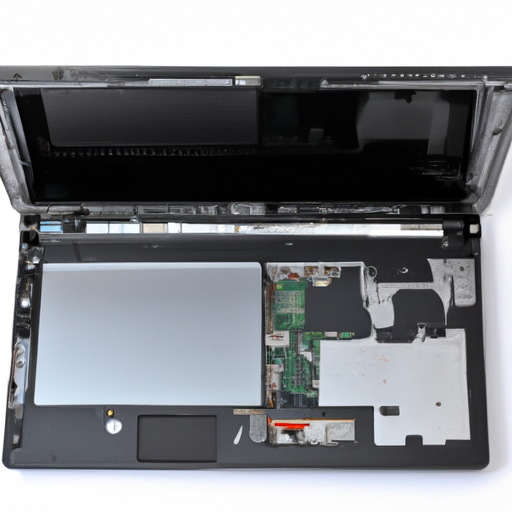 An open laptop with visible internal components indicating easy repairability and upgradability