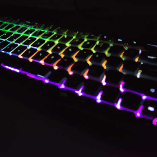 Backlit keyboard with rgb lighting glowing in a dimly lit room
