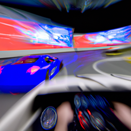 Blurred motion capture of a high-speed racing game scene depicting speed and performance