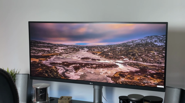 Lg 34wk650 w ultrawide monitor white front full view turned on