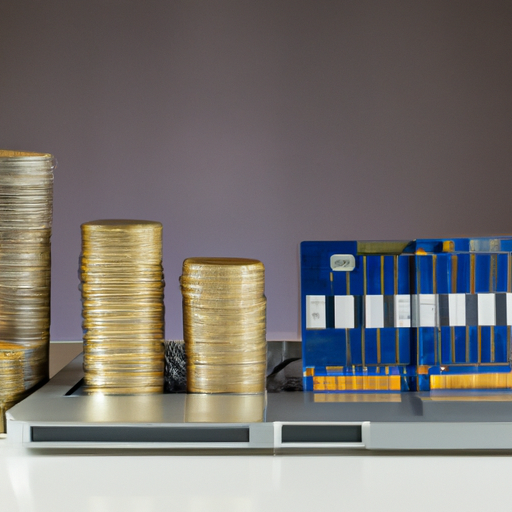 Stacks of coins next to the laptop with parts like ram and an ssd to illustrate the cost versus upgrade potential