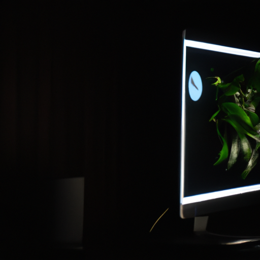 The dell p3221d monitor in a dark room with a leafy green plant next to it signifying energy efficiency