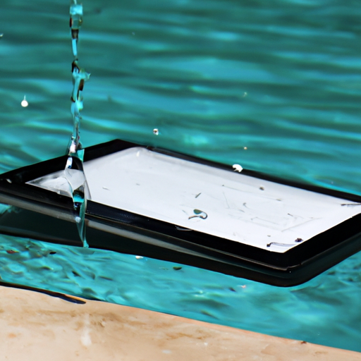 The e-reader lying next to a pool showing the splash of water drops on the surface
