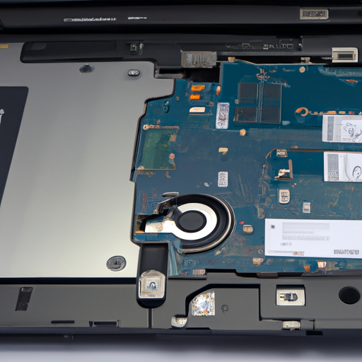 The internals of the laptop displaying the ram slots and the ssd in its bay