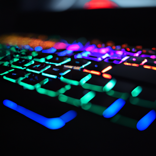 The laptop keyboard with rgb lighting on with a blurred background featuring gaming paraphernalia
