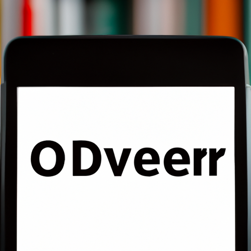 The overdrive logo on the screen of an ereader with a blurred background of a library shelf