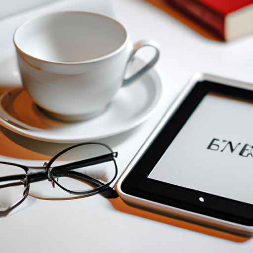 The verse pro e-reader lying on a table next to a pair of glasses and a cup of tea symbolizing comfort and reading environment