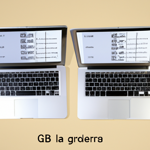 Two identical macbook airs side by side one with a label of 8gb and the other with 16gb and different multitasking scenarios on their screens